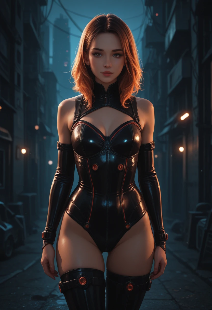 girl, wide hips, sexy, beautiful, redhead, gorgeous, voluptuous, (thigh high socks), beautiful face, curvy, (((arms up))), (((hands on her head))), (disheveled) hairs, (lot of hair), (demon horns), demon girl, [bodysuit | black red dress:0.9], net, fishnet, straps, jewelry, ornements, perfect skin, cyberpunk, stunning,  elegant, particules, best piece, masterpiece, smooth light, detailed, intricate, 50mm, realistic, digital art, photography, digital art, 4k, art, wlop, artgerm, sophie anderson,