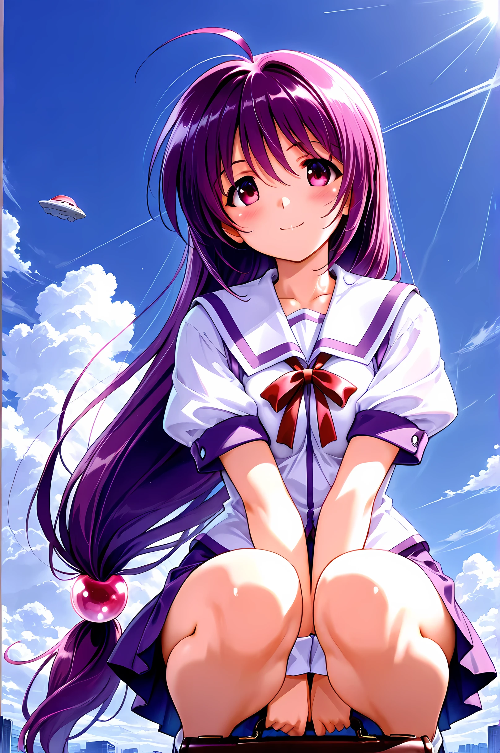 Iriya Kana,1girl, solo, long hair, school uniform, skirt, very long hair, school briefcase, purple hair, low-tied long hair, bag,school bag, holding, smile, ribbon, short sleeves, cloud, looking at viewer, holding bag, ahoge, bangs, sky, hair ornament, v arms, purple eyes, neck ribbon, hair bobbles, puffy sleeves, white shirt, shirt, serafuku, pleated skirt, blush, red eyes, purple skirt, sailor collar, wrist cuffs, closed mouth, briefcase, hair between eyes, squatting, day, delta UFO