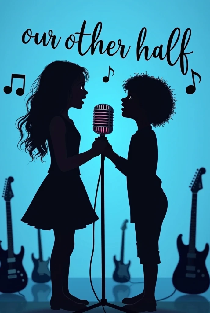 two white singing sisters, 12 and , singing facing each other, on the stage, with light focused on them, each one distant from the other, singing animatedly, black and white silhouette, hand-drawn style, each with a vintage microphone