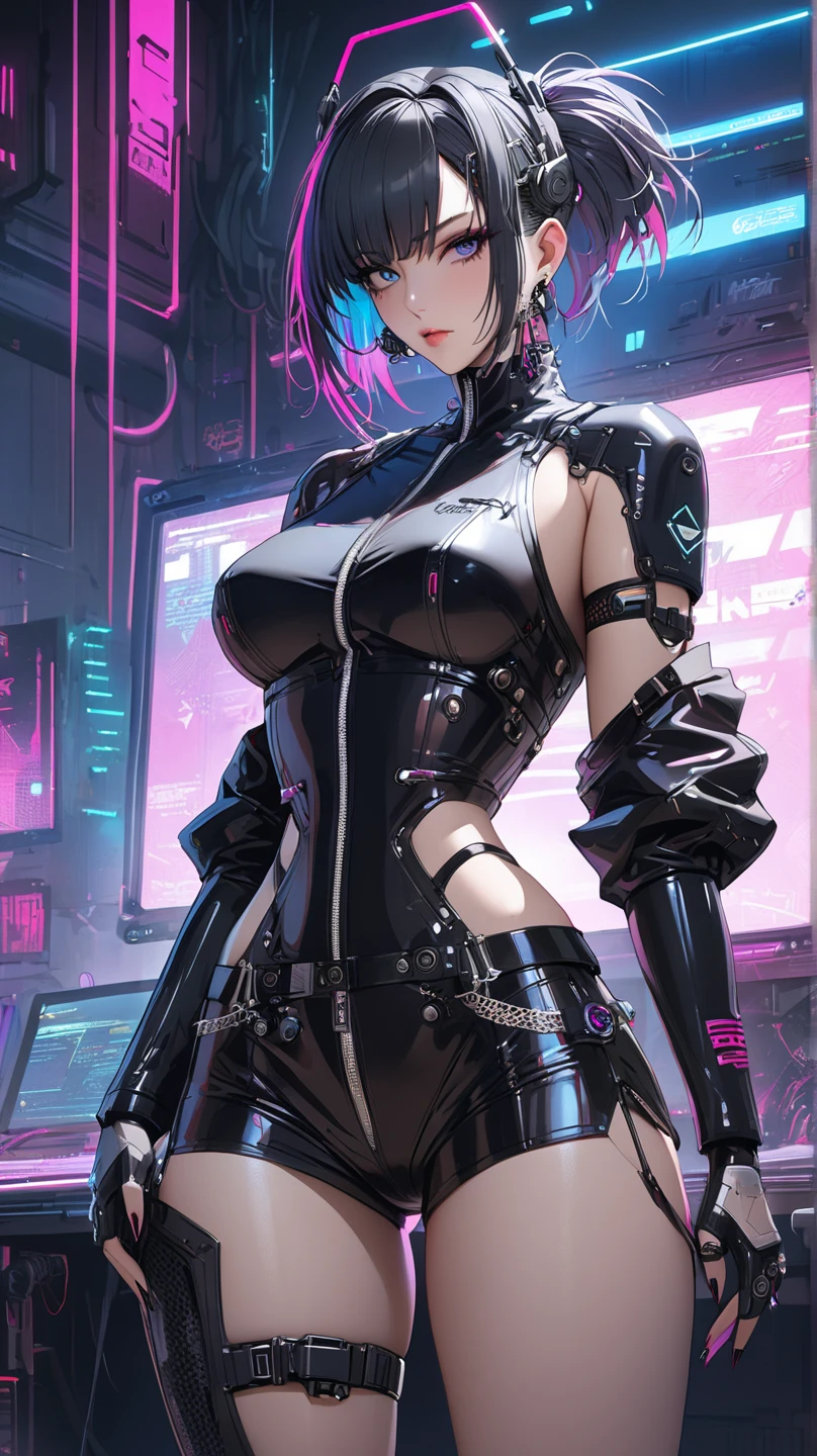 ((Sexy and beautiful female ninja)), ((22-year-old beauty)), ((beautiful and cool smile)), ((colorful long hair)), ((pink and black outfit) ), (( Rich bust)), ((gradient eyes)), ((background is a cyberpunk city)), fascinating makeup, single view, NFFSW, UHD, retina, masterpiece, accurate, anatomically, scientifically correct, Textured skin, super detail, high detail, high quality, award winning, top quality, high resolution, 1080P, HD, 4K, 8k, 16k