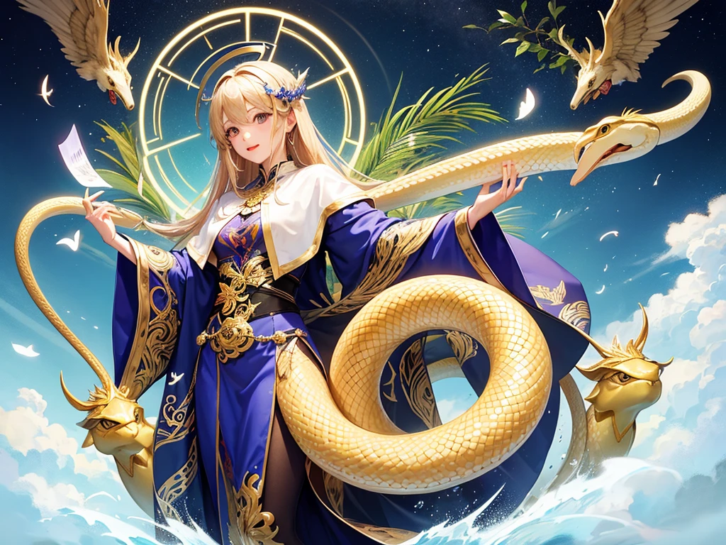 Highest quality 16k ,male角色,Japanese anime style,Ophiuchus Saint,holding Athena in hand,male,20 years old,Snake-like eyes