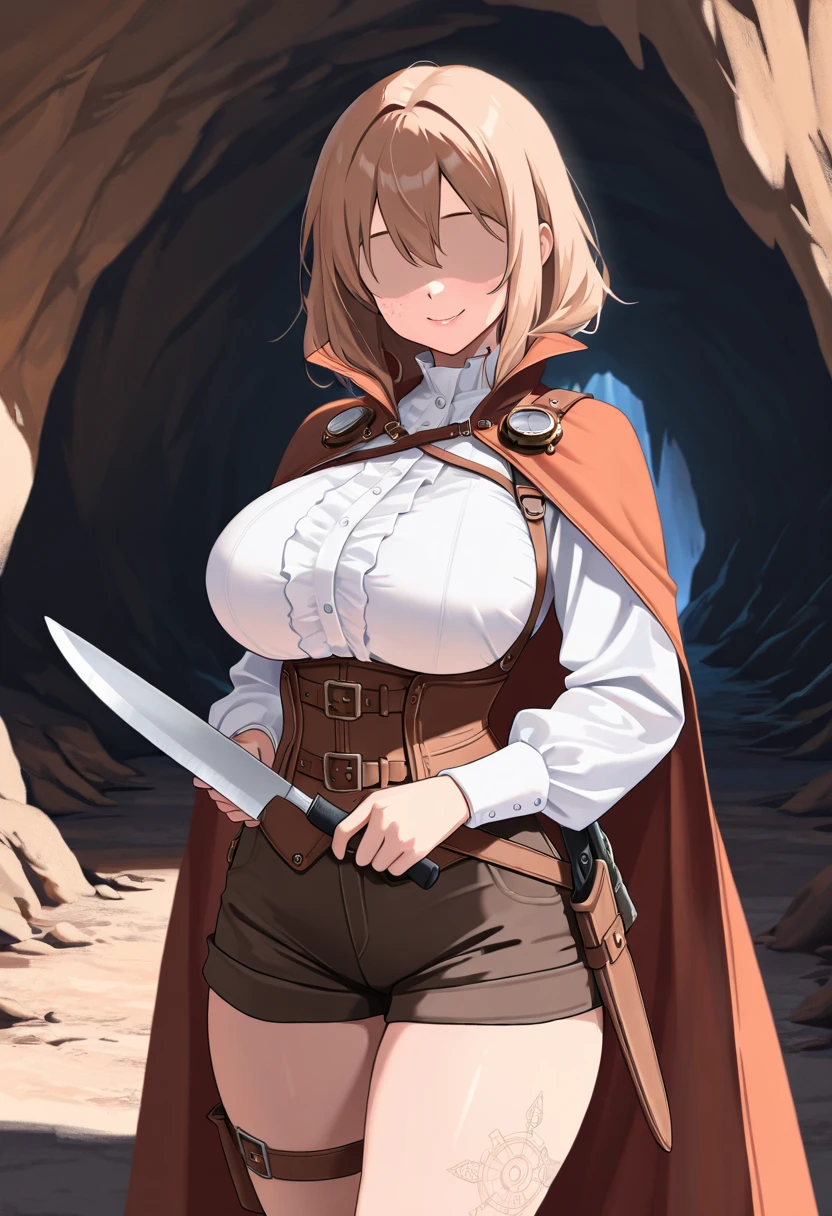 ((1 woman with brown hair,((giant breasts, bare breasts, erect breasts)),((purple pants, no blouse, bracelet, backpack on shoulders, with boots, belt with sword) ),((red eyes, face happy)),((standing with legs wide open in the shape of an m, facing the viewer)),in a haunted forest,at night)),