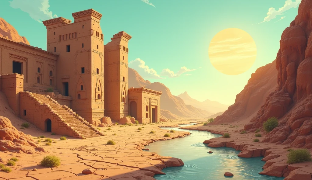 Scenery Beyond the Walls of the Palace of Ancient Egypt:Imposing palace in the background, with high wallsCharacter watching the horizon beyond the wallsVast and enigmatic desert stretching to the horizonDistant pyramids on the horizonNile River snaking through the golden sandsGuardian sphinxes along the wayLush oasis amid the aridity of the desertBirds flying in the clear skiesWarm and golden tones characteristic of Ancient EgyptSense of mystery and vastness of the scenery beyond the walls.