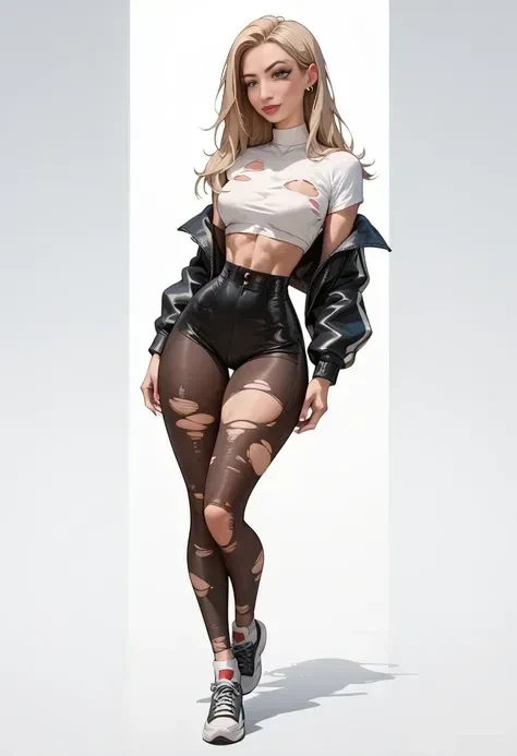 8k, masterpiece, photo and gross, Best Quality, photorealistic, Extremely detailed CG unity 8k wallpaper, depth of field, cinematic light, Lens flare, ray tracing (extremely beautiful face, Beautiful lips, pretty eyes), face with intricate details, ( (ultra detailed skin)) 1 girl, In the dark, deep shadow, Korean pretty girl, kpop idol, 1 girl, (cuerpo musculoso very thin y esbelto: 1.3), (big smile: 1.3), thick thighs, (fashion night, dark night, (neon lights sign), (blurred background), Fashion street night),(There is no one in the background:1.3), Beautiful earrings, bracelet, neck, light eyes, (Pale skin), (large eyes), Thinking in the future, (for the chestnut), (full body shot), ((White leather pants, Black T-shirt with The Simpsons cartoon print)), sexy heels, open chest, very thin, medium breasts, (Photos in various positions..), (full body shot)