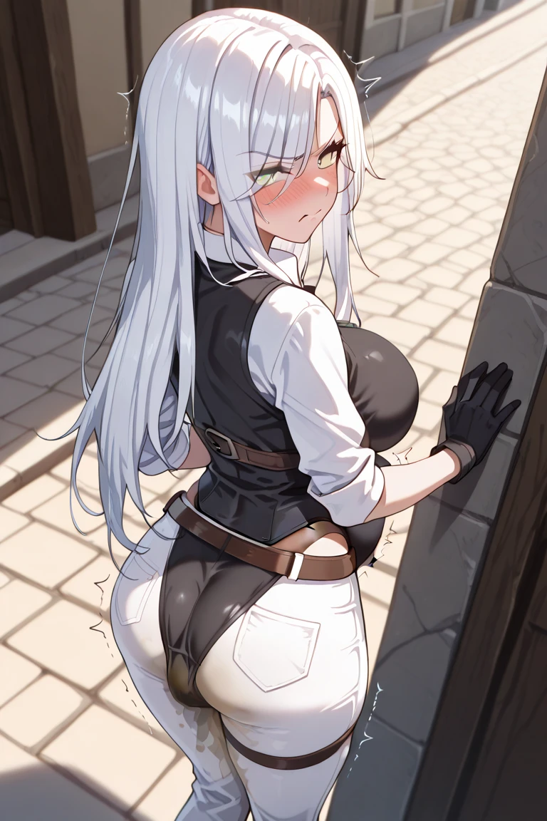 one girl, handcuffed above her head, restrained, chained, slave, naive, beautiful white hair, princess, princess of elf, rape, from side, sex, semen, man grab girls hip, collar, man pull girl's hair, discipline