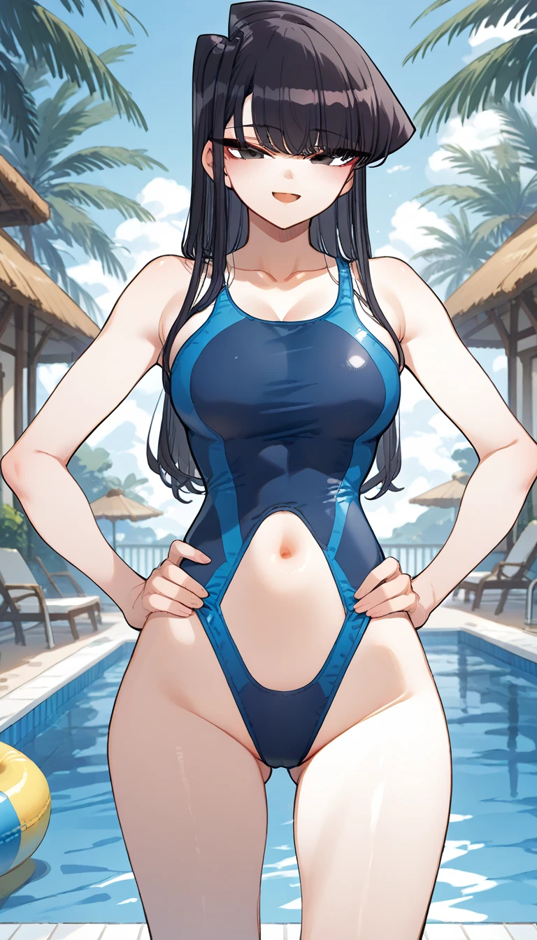 nemu manaka, girl1name,brown hair, side lock, purple eyes, swimsuit,beach,blue sky,smile ,1with people,
masterpiece, highest quality, High resolution, unity 8k wallpaper, beautiful eyes, highly detailed face, perfect lighting,stylish pose,stylish angle,looking at the viewer,in the center of the image,cowboy shot,
