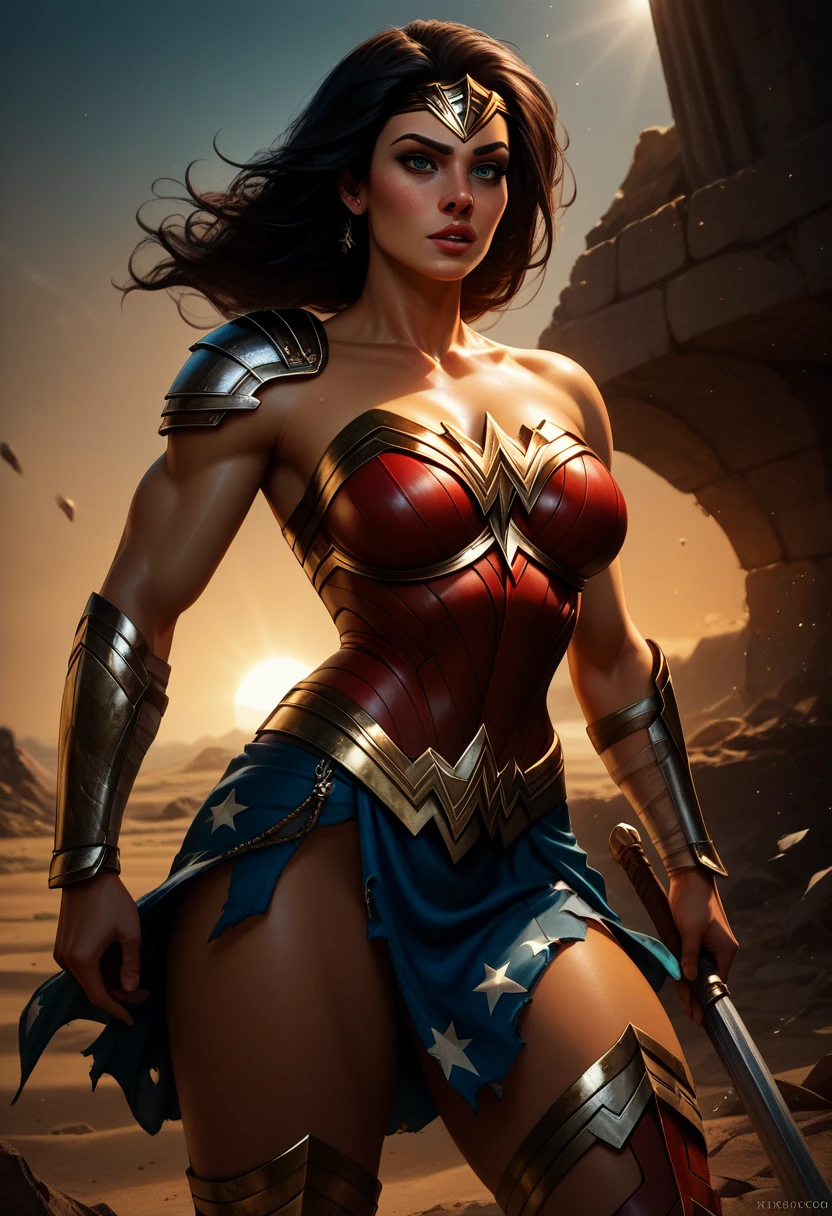 Wonder Woman's photo, gorgeous and realistic round blue eyes, dark hair, muscular body, solo, natural skin texture, soft cinematic lighting, Adobe Lightroom, ruined city background, moody and melancholic mood with black background, fighting posture, Original superhero costume, (big breast: 1.3)