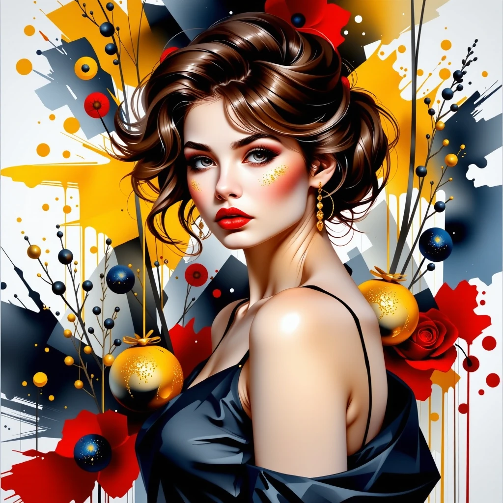 Watercolor acrylic random pose high quality creative photoshoot of a model in gold glitter makeup, black dress, short dark hair, Vogue style, fashion photoshoot