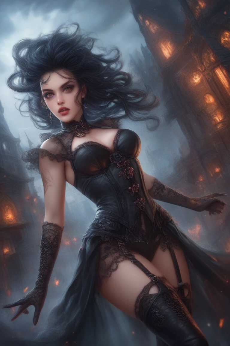 (masterpiece, top quality, best quality, official art, beautiful and aesthetic:1.2), (1girl:1.3), long and curly dark brown hair, ((extravagant updo)), Victorian style, extremely detailed, portrait, looking at viewer, solo, (full body:0.6), detailed background, close up, mischievous eyes, (cold midnight castle theme:1.1), extremely busty vampire, long fangs, blood on chin, huge lips, charlatan, smirk, mysterious, being seductive on a balcony, revealing gothic dress, lace, extremely tight bodice, black attire, red skirts, off shoulder, long sleeves, loose sleeves, black leather, cloak, corset, black dress, fishnets, thigh high black boots, buckles, straps, pouches, glowing blood magic energy, dark red fabric, silver trim, black leather, gigantic breasts, cleavage, skindentation, slim waist, slim hips, long legs, medieval (gothic castle exterior:1.1) background, nighttime, dark mysterious lighting, shadows, magical atmosphere, dutch angle