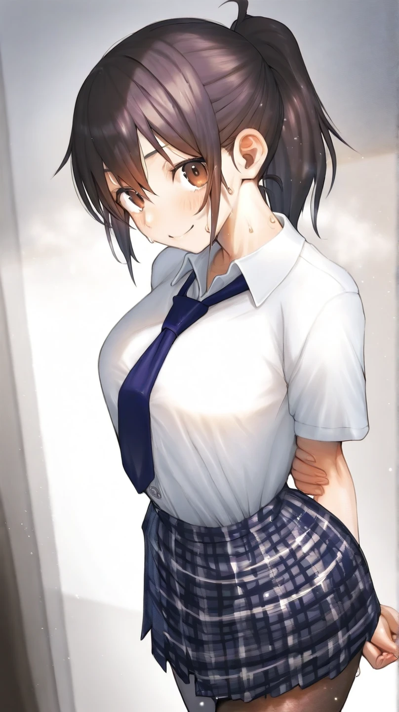 (8k, RAW photo, best quality, masterpiece, soft cinematic lighting, soft color:1.4),{ceiling,( POV,look at me:1.5),face focus:1.5}, (realistic), (indoor background), (solo, mature woman,19years old:1.3), (sailor uniform,underboob,low-cut miniskirt,sheer :1.3), (embarrassed,red Cheeks:1.25), A-line bob cut hair, bronze color hair, clean skin, (smaller butt:1.2),(pointy sagging huge long wide heavy breasts:1.4), (thick, curvy:1.3),(very skinny:1.3)