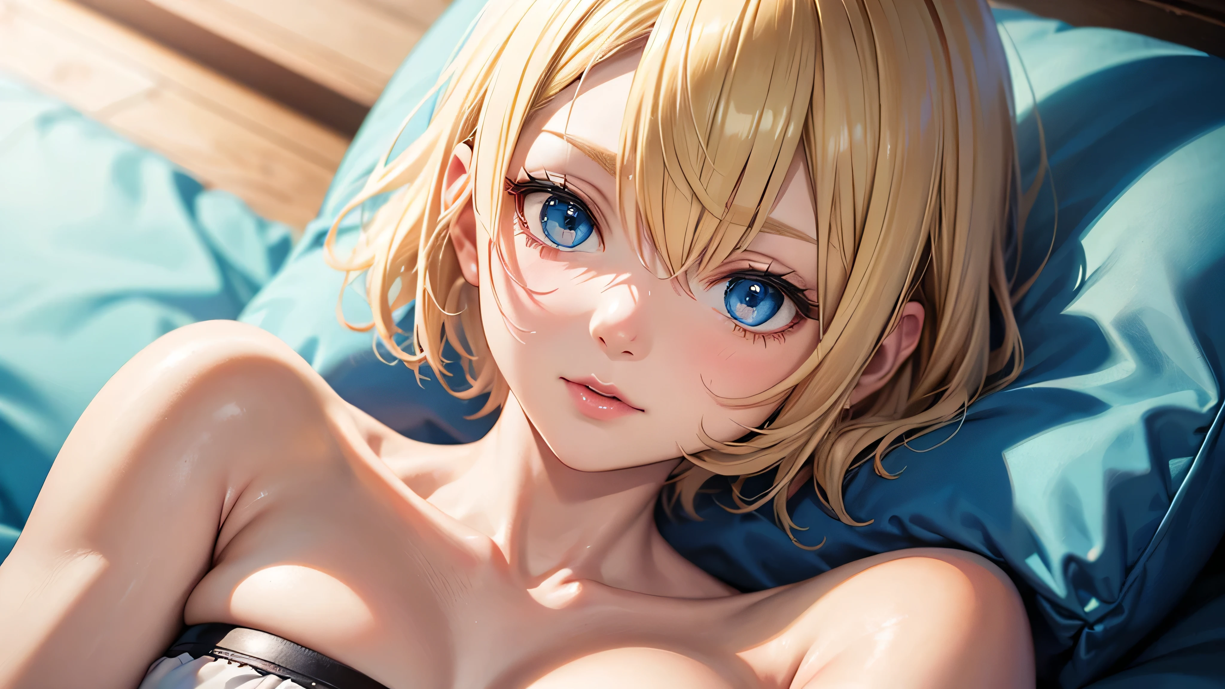 blonde, short hair, girl1, in the Living room, sofa, upper body, completely nude, (small nipples:1.2), (small areolas:1.2), kawaii, cute, pale purple eyes,