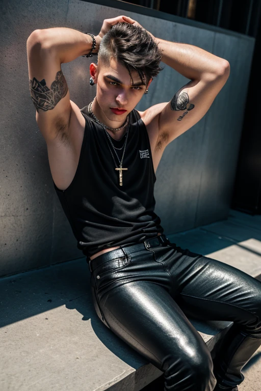 A shirtless skinny young man in wet leather pants screams while chained up in dungeon