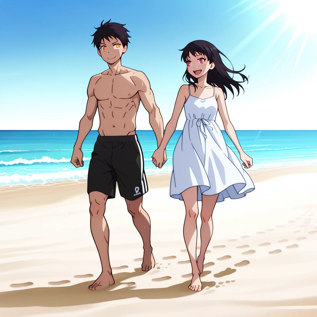 A man in beachwear together with a woman in a swimsuit on a beach