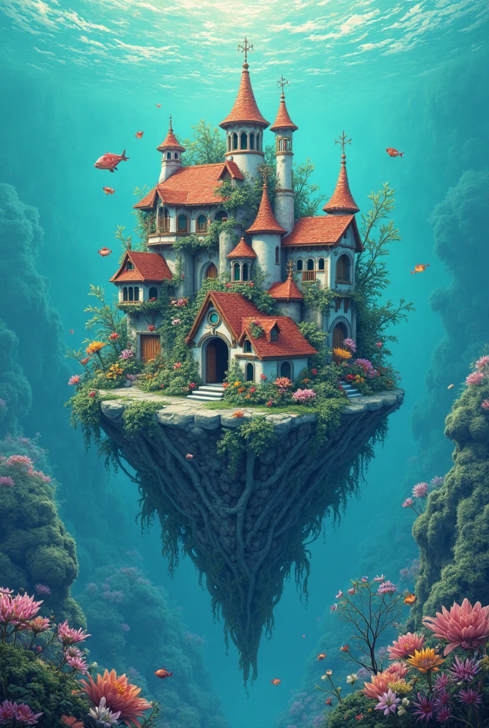 colours (fanciful: 1.2), (In Studio Ghibli style), (Irregular architecture floating on the sea), Patchwork cottage, floral decorations, optic, Andreas Rocha style conceptual art,  Artstation Contest Winning Entries  , fanciful art, (an underwater city), Chen Luo, optic Beam, Realistic opticing, masterpiece, high high quality,  beautiful graphics , High detail , masterpiece, high high quality,  beautiful graphics , High detail , 