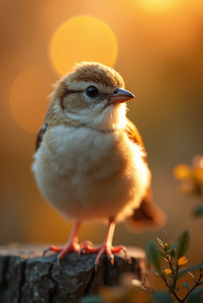 A charming close-up portrait，Showing a beautiful bird，Illuminated by soft golden light on a quiet morning，The bokeh ball gently frames its petite body