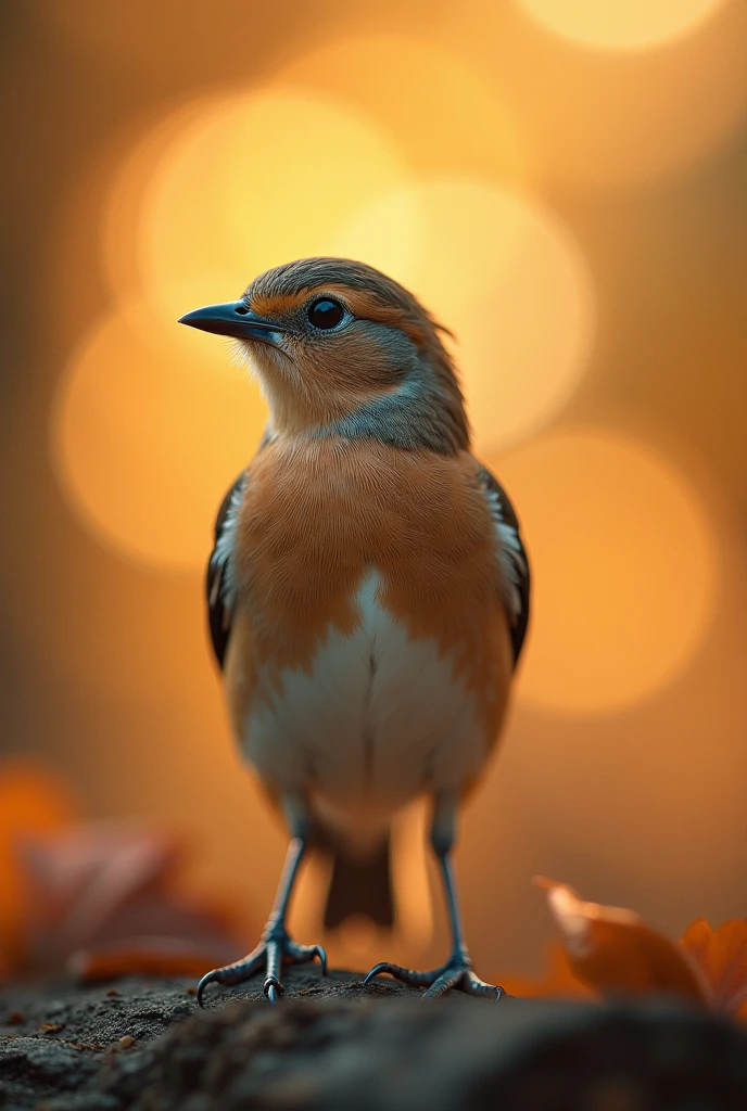 A charming close-up portrait，Showing a beautiful bird，Illuminated by soft golden light on a quiet morning，The bokeh ball gently frames its petite body
