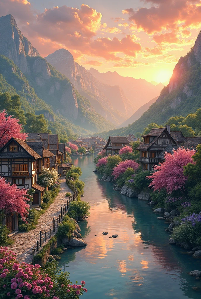 , a small riverside village,The background is mountains,Flowers bloom,Vivid colors,Detailed scenery,Beautiful natural landscape,Ambiance Lighting,Scorching sunset,a warm color palette,utility,utility摄影,Delicate leaves,Complex architecture , cobblestone streets , charming country cottages , swirling bright colors, dense vegetation ,Still water reflections,picturesque,Leisure and tranquility,artwork of a,Best quality,8k,Extremely detailed,anime style