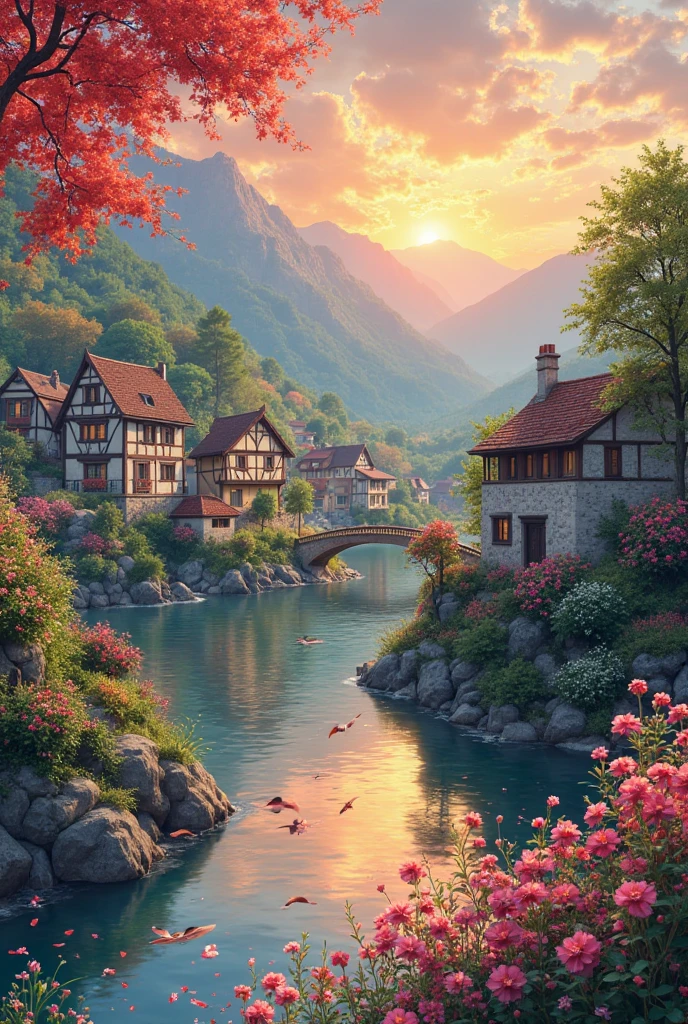 , a small riverside village,The background is mountains,Flowers bloom,Vivid colors,Detailed scenery,Beautiful natural landscape,Ambiance Lighting,Scorching sunset,a warm color palette,utility,utility摄影,Delicate leaves,Complex architecture , cobblestone streets , charming country cottages , swirling bright colors, dense vegetation ,Still water reflections,picturesque,Leisure and tranquility,artwork of a,Best quality,8k,Extremely detailed,anime style