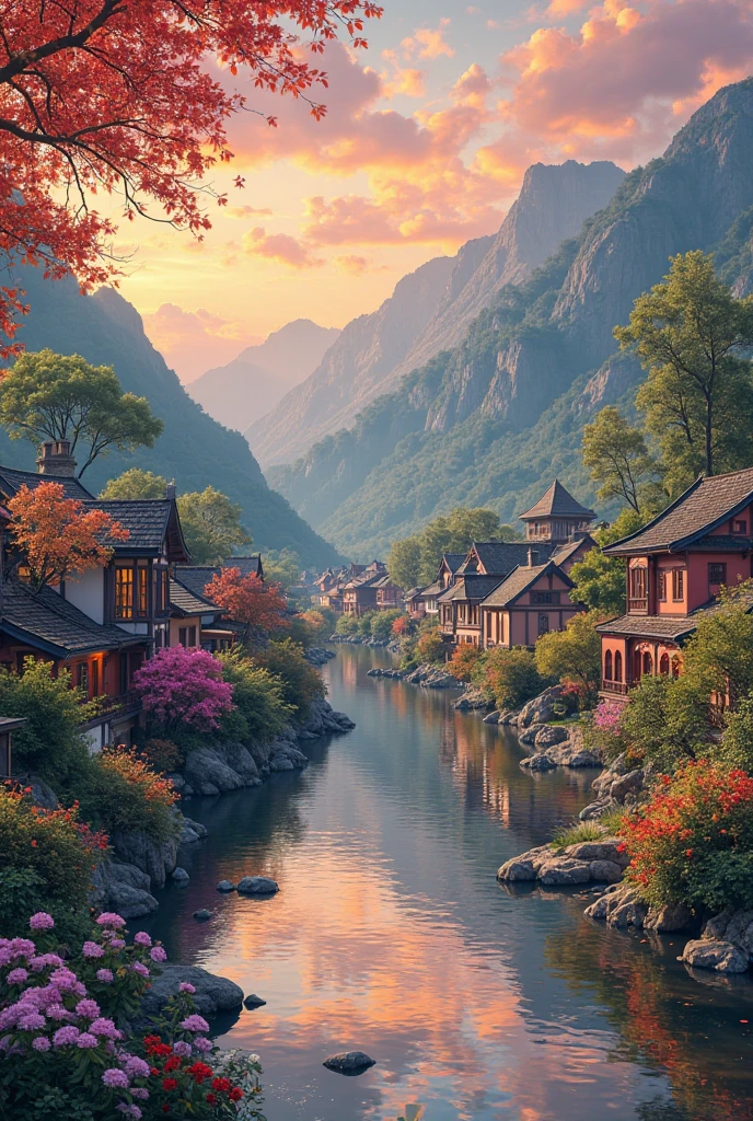 , a small riverside village,The background is mountains,Flowers bloom,Vivid colors,Detailed scenery,Beautiful natural landscape,Ambiance Lighting,Scorching sunset,a warm color palette,utility,utility摄影,Delicate leaves,Complex architecture , cobblestone streets , charming country cottages , swirling bright colors, dense vegetation ,Still water reflections,picturesque,Leisure and tranquility,artwork of a,Best quality,8k,Extremely detailed,anime style