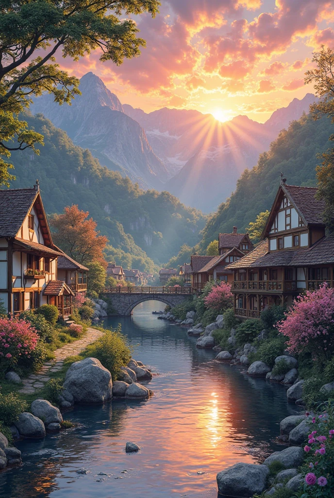 , a small riverside village,The background is mountains,Flowers bloom,Vivid colors,Detailed scenery,Beautiful natural landscape,Ambiance Lighting,Scorching sunset,a warm color palette,utility,utility摄影,Delicate leaves,Complex architecture , cobblestone streets , charming country cottages , swirling bright colors, dense vegetation ,Still water reflections,picturesque,Leisure and tranquility,artwork of a,Best quality,8k,Extremely detailed,anime style