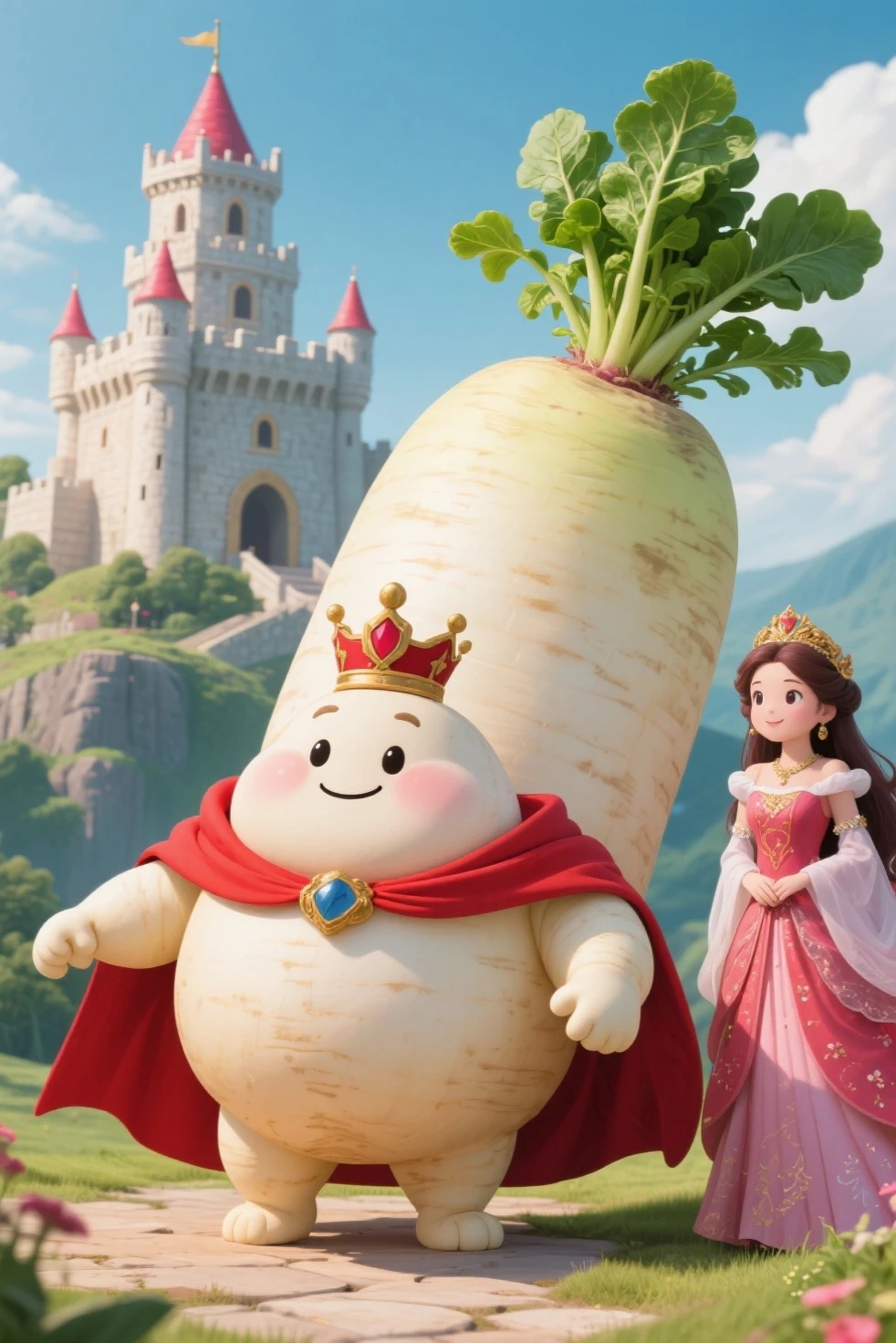,,,,daikon,chubby daikon with arms and legs,Prince Daikon and Princess Daikon from the Daikon Kingdom、The background is Daikon Castle, Daikon Castle is shaped like a radish,Prince Daikon is wearing a red cape,Radish leaves growing from the castle tower,
a fantastic sight