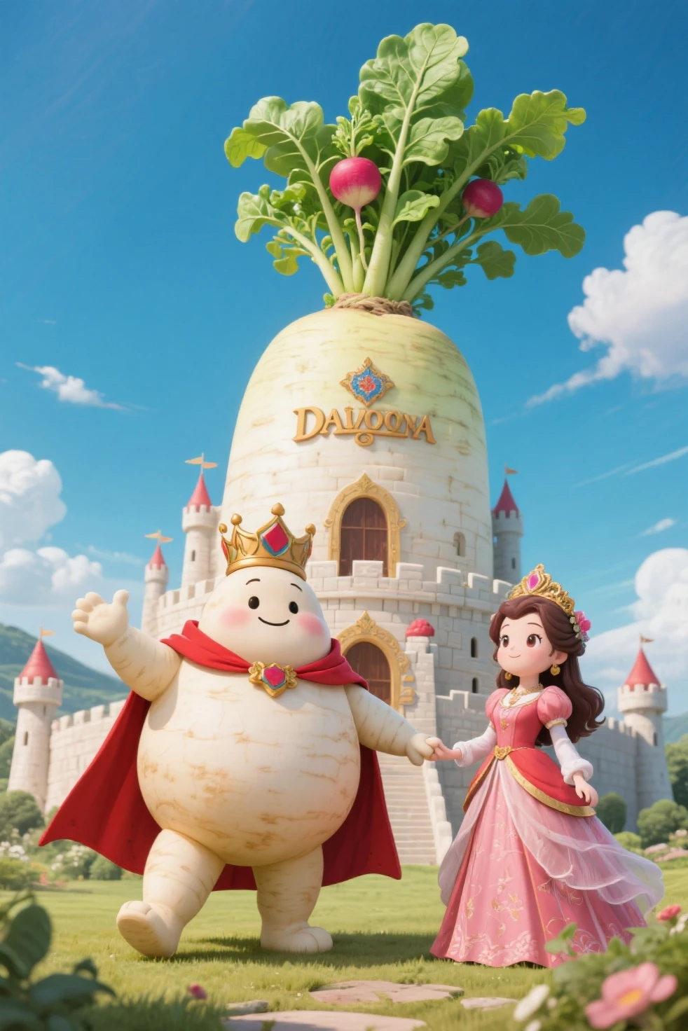 ,,,,daikon,chubby daikon with arms and legs,Prince Daikon and Princess Daikon from the Daikon Kingdom、The background is Daikon Castle, Daikon Castle is shaped like a radish,Prince Daikon is wearing a red cape,Radish leaves growing from the castle tower,
a fantastic sight