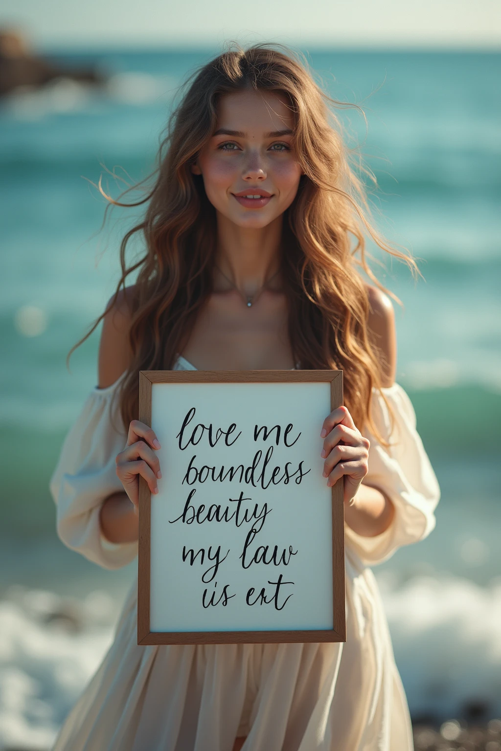 Beautiful girl with wavy long hair，Wearing a bohemian dress，Holding a whiteboard with the words &quot;I Love SeaArt Infinity&quot;，and show the audience