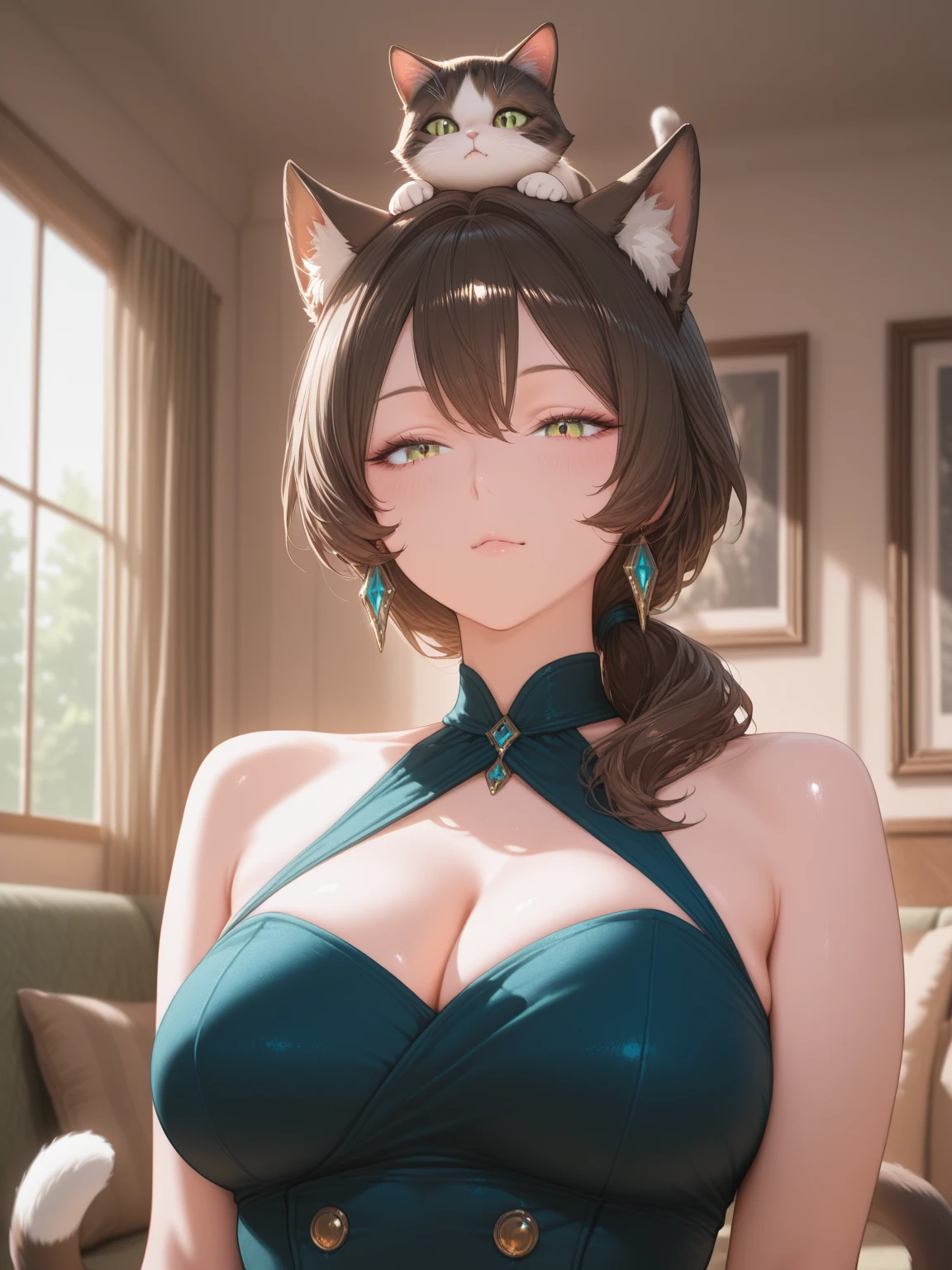 (((masterpiece, best quality))), (((superior quality))), cute girl, ((extremely detailed girl)), ((huge breasts)), fox ear, yukata, (bare shoulders), strapless top