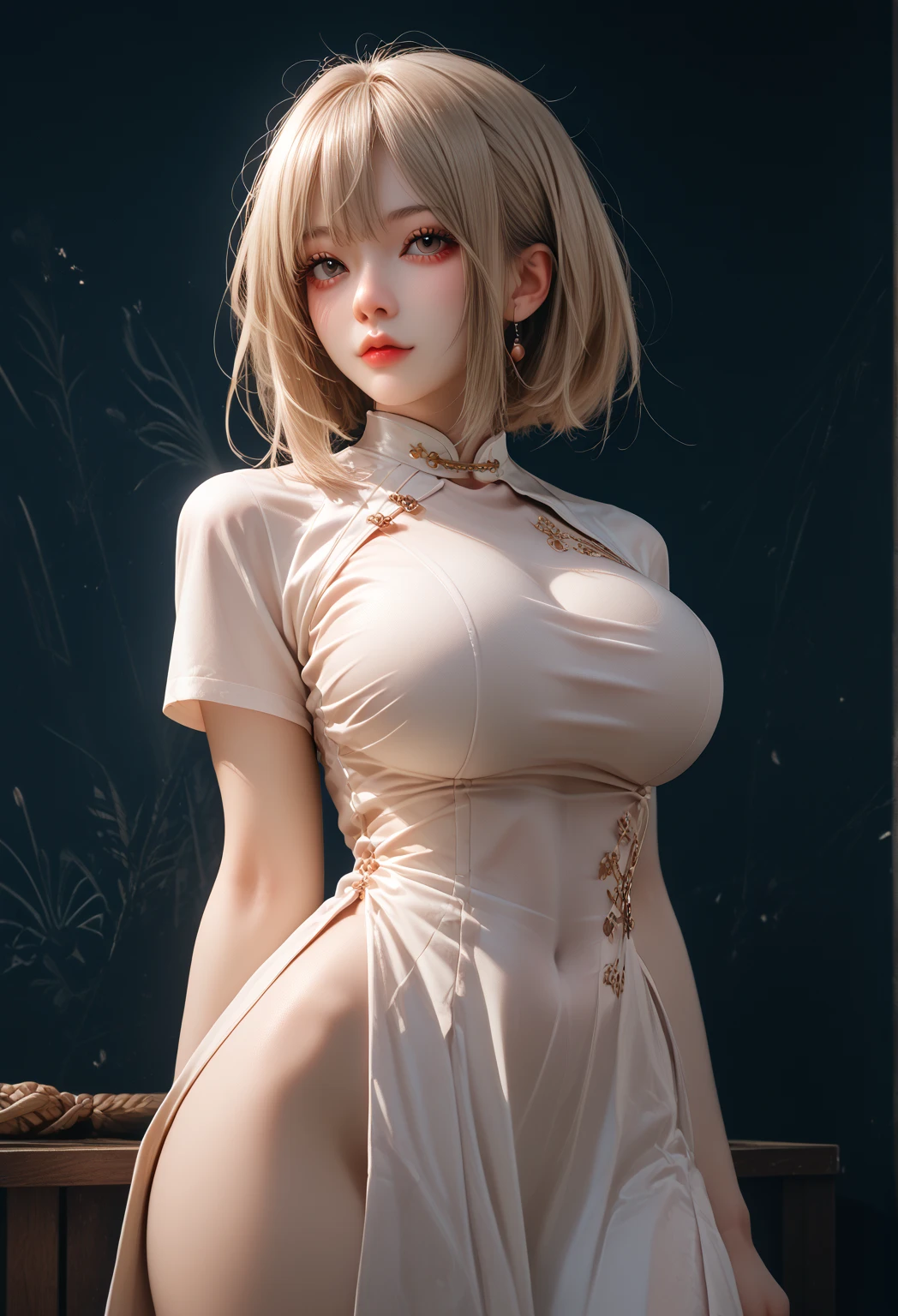 ((((masterpiece, Best Quality, High resolution)))), extremely detailed 8K, sexy Beautiful japanses teen girl with slim body, (Ultra HD, Ultra-detailed, Highly detailed, Highly realistic, Ultra-realistic, photos realistic), (1girl:1.5), blonde hair, short bob cut like, (dynamic poses), facing at camera, light smile, (huge breasts: 1.2), (beautiful detailed face, Beautiful detailed eyes), Anatomically accurate hands structure, Anatomically accurate fingers structure,(long sexy Glossy silk see-through japanese shrine maiden's attire,golden dragon embroidery:1.5), (front button of japanese shrine maiden's attire not fastned and breasts part widely open:1.5), Glow, Sweat, (rays of sunshine, Sunlight),(topless), sexy long legs, nakeness,bared chest,Sexy, Blushing,look up to the sky, (widely spacious royal palace garden:1.2), ultra realistic wide landscape, photogenic scenery, spot light on face