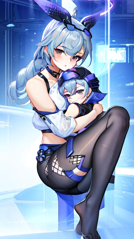 2girls, blue hair, very short hair, short hair, large breasts, wide hips, thick thighs, breasts, yuri, kiss, french kiss, kissing, purple eyes, bikini, black bikini, tongue, neon trim, blue trim, blue neon trim, tech, machinery, futuristic, science-fiction, nsfw, nsfw