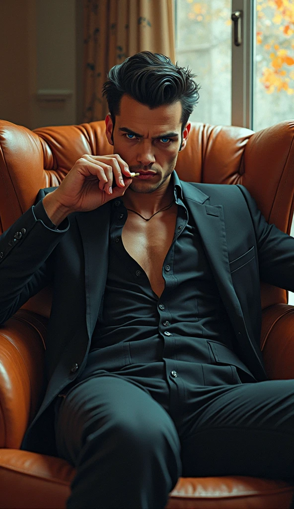 Image of an extremely beautiful man, marked jaw, muscular, grey eyes, very masculine, extremely masculine, sexy look, wet black hair, in a dark room lit by moonlight entering through a fancy window, lying on a black leather sofa, with a cigarette in his hands, dressed in grey calvin klein boxers, dark 