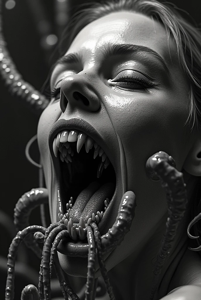 (extremadamente detallado, obra maestra, La mejor calidad), Estilo oscuro, intense illumination, rostro con arrugas, lengua larga, tentacle, deforme, monstruoso, un anciano con Colmillos finos, amenazante. Rococo composition. Luz de caravaggio