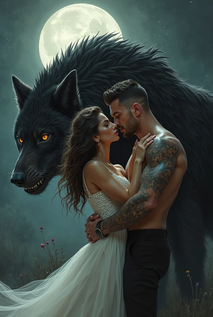 two characters, a human grabbing the werewolf's big breasts, realistic fur texture, dramatic lighting, dark fantasy, cinematic composition, chiaroscuro lighting, moody atmosphere
