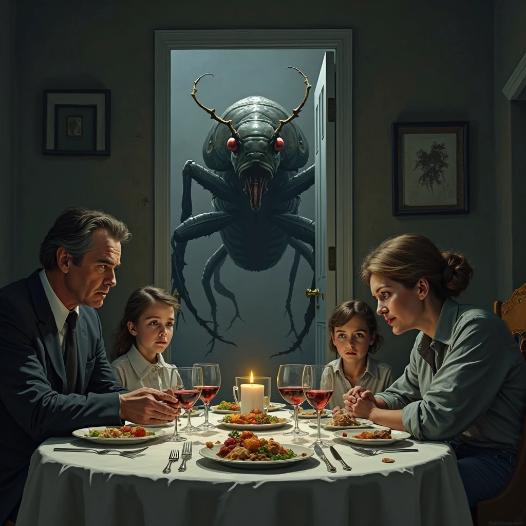 Family together having dinner in the living room and at the window Humanoid extraterrestrial praying mantis watching, grimdark