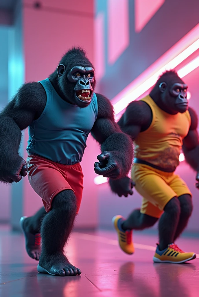 Cartoon Simian and Cartoon Baboon dressed like WWE tag-team wrestlers APA
Cartoon Simian head. Cartoon Simian face. Cartoon Simian arms. Cartoon Simian hands. Cartoon Simian has Short Black head hair. Cartoon Simian has Short black beard. Cartoon Simian has black mustache. Cartoon Simian is Muscular. Cartoon Simian is wearing a Black T-shirt, black wrist tape, black pants, and black wrestling boots.
Cartoon Baboon head. Cartoon Baboon face. Cartoon Baboon arms. Cartoon Baboon hands. Cartoon Baboon has Long black hair. Cartoon Baboon has black mustache. Cartoon Baboon is Muscular. Cartoon Baboon is wearing a Black T-shirt, black wrist tape, black pants, and black wrestling boots.
Both are standing in a wrestling ring.