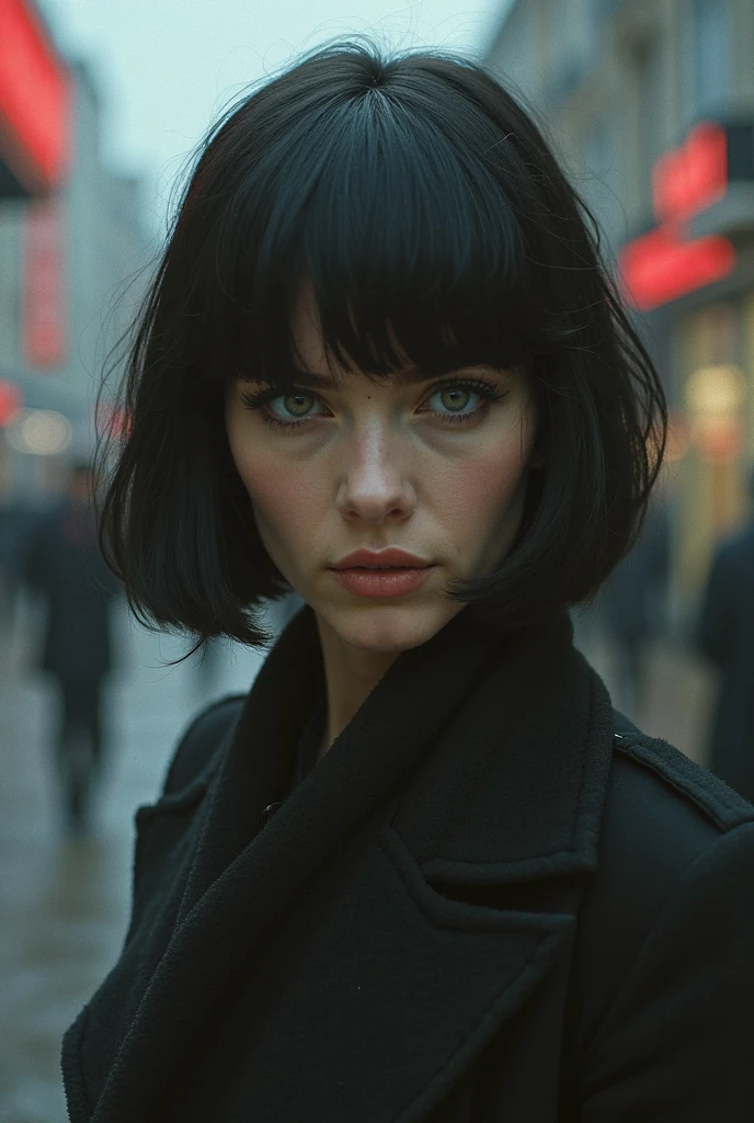 photo in the style of Alessio Albi,emirulolxl woman,walking on the sidewalk in downtown Austin Texas,casual,chin length bob cut,two-tone hair,thinking,medium breasts,skyscrapers in the background,light rain,wet street,stylish_pose,embedding:OverallDetailXL,<lora:EmiruXL:1>,ultra detailed face,high quality photography,skin pores,high detailed defined skin pores,ultra detailed skin,ray tracing,4k textures,8k resolution,shot on Canon EOS 5D II,