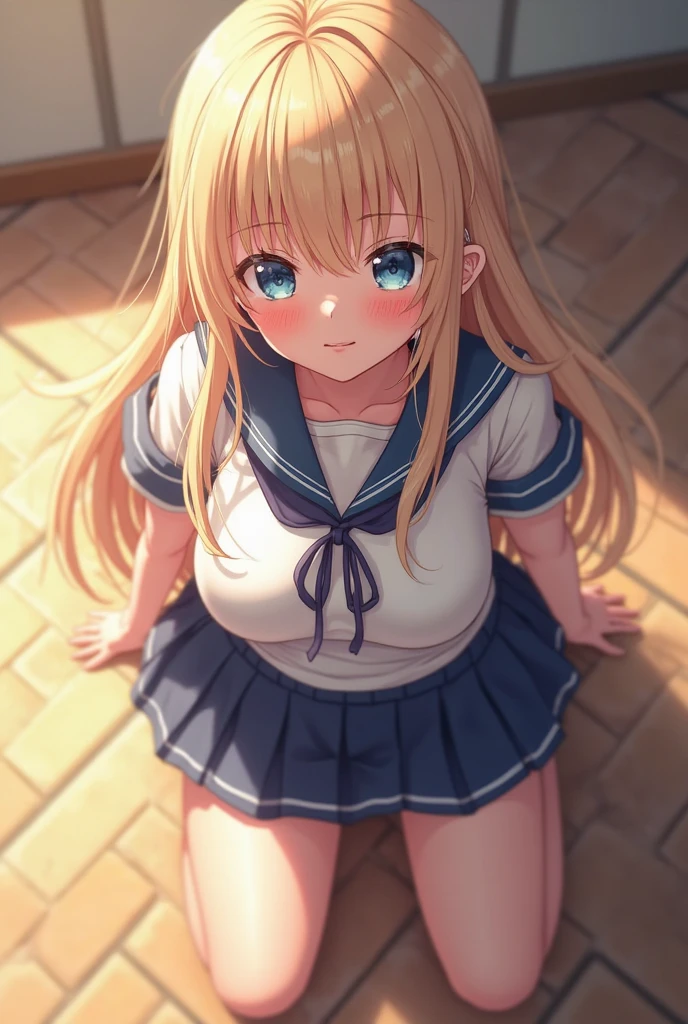Very detailed CG Unity 8K wallpaper, Cute One lady, Mature Hair、lady ,beautiful lady, pale skin (Super masterpiece, Beautiful person, well detailed face polluted smile, Photorealistic, hyper realisitic), Perfect hands、Five fingers、Perfect hands、Perfect legs、Perfect toes、
((20year old、Sailor suit with very short sleeves、Black Sports Bra、Blue short skirt、Best Bust、(Bust 85cm)、(middle breasts)、
a blond、Long Hair、Blue eyes、open chest wide、Happiness、Black wristband on wrist、A slender、Shy face、earrings、all fours pose,Get closer to your audience、The gesture of pulling up the hair))、(Crying face:1.7)、
hiquality、visualart、Romance movie style、
(After-school classroom))、