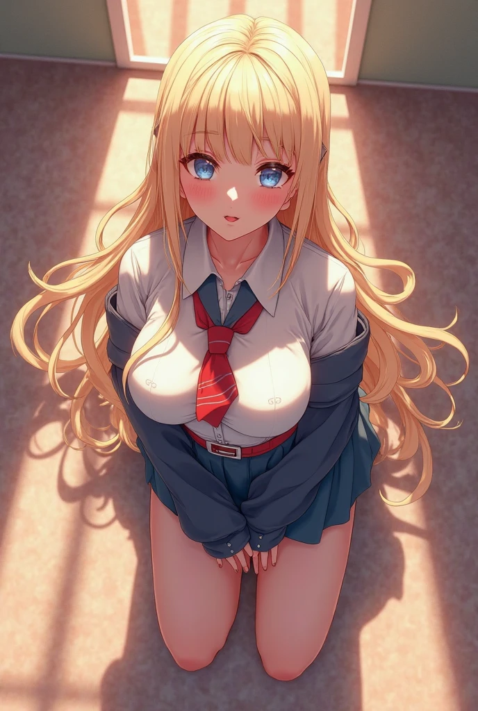 absurdres, (masterpiece, best quality), (ultra-detailed), extremely detailed,super high resolution, (Top Quality photorealistic Illustration), (Super Definition), (best quality,masterpiece:1.0),(cute illustration:1.3), (high Saturation:1.2), highres, ultra-detailed, 32k,8k resolution, intricate details, cinematic scene, detailed background, detailed background, BREAK,, (show off nipples:1.6),detailed beautiful face and eyes, very detailed background, (an extremely delicate and beautiful), (nice hands, perfect hands), (appropriate posture), (appropriate configuration), ideal ratio body proportions, BREAK (show off nipples:1.6),(dynamic angle:1.6), (close to viewer:1.6),upper body, depth background, ,rim light, beautiful lighting, strong light, widely, (class room:1.3), (The beauty of one beautiful girl、shiina mahir、Brown-eyed(High resolution eyes、Beautiful eyes、Light in the eyes)、super high precision、hiquality、top-quality、animesque、2D、Blonde Long Hair、Fine-grained skin、Red cheeks、Red earischievous、During naughty delusions、Beautiful small breasts)、Close-up representation of a single person, (full body))(、Full body like、Wearing a 、aamahiru, long hair, red bowtie, white shirt, short sleeves, plaid skirt, brown skirt, pantyhose aamahiru, long hair, red bowtie, blue jacket, blazer, long sleeves, plaid skirt, brown skirt, pantyhose (show off nipples:1.6), (exposing bare breasts:1.3), (exposed chest:1.3), (no bra:1.3),(open shirt:1.2),(round face:1.6), (baby face:1.6), (kawaii:1.6), (cute:1.6), (loli:1.6), small nipples, small areolas,
