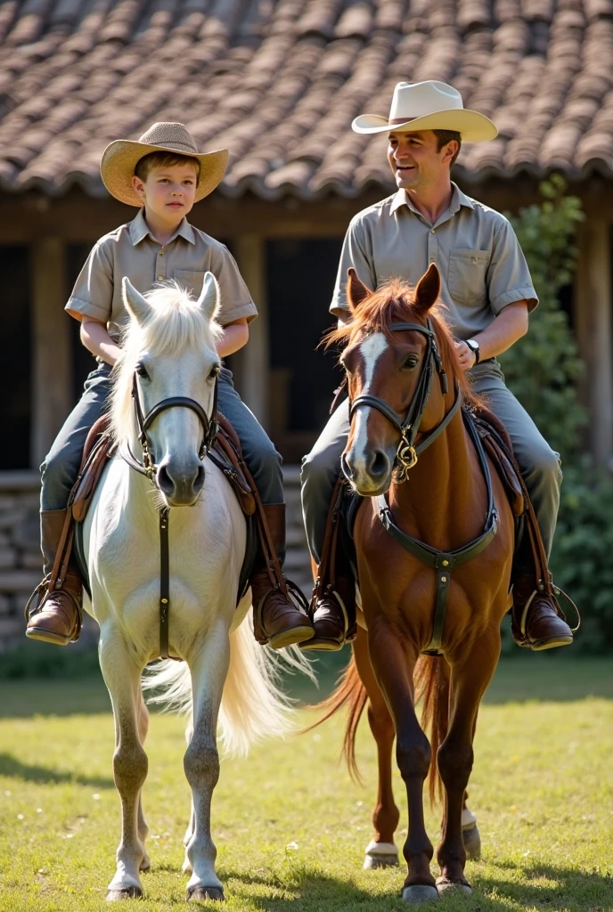 A chubby 8-year-old boy wearing cowboy clothes, riding a horse with a loyal puppy running alongside.