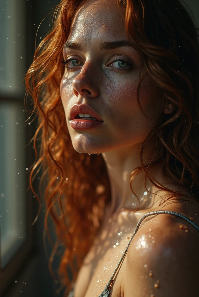 Women and men slapping together and having sex (Best quality, 4k, Masterpiece :1.3), beautiful woman, hyper realistic, 1girl, (droopy breasts, attractive body :1.2), sit-ups :1.1, short red hair: 1.1, (wet rain, wet by rain, wet body :1.2), ultra-detailed face, detailed lips, detailed eyes, double eyelid, sensual low-necked dress, open neckline, hanging breasts, side pose, visible curves, in the gym, silver transparent robe, sunglasses, muscular turned leg