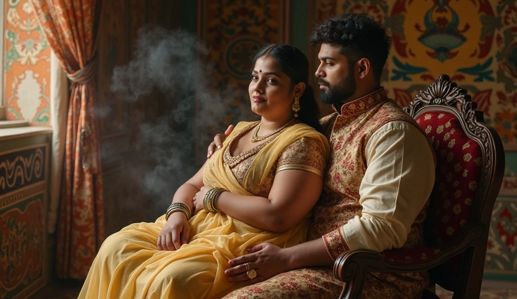 cute chubby woman freefaller on bed,wearing red sari,golden jewelries,cries in pain,applay sindoor at the beginning or completely along the parting-line of a woman's hair,masculer man,wearing salwar Taqiyah ,hairy body,laydown over the woman