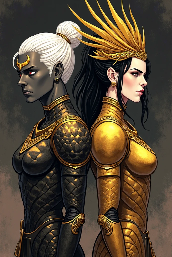 2girls, nose piercing, standing, jewelry, orange jumpsuit (insanely detailed, beautiful detailed face, masterpiece, best quality), cleavage, piercing blue eyes, full body shot, blank background, white background, holding hands, romantic, lesbian, black girl, white girl, red hair, black hair, touching, fondling