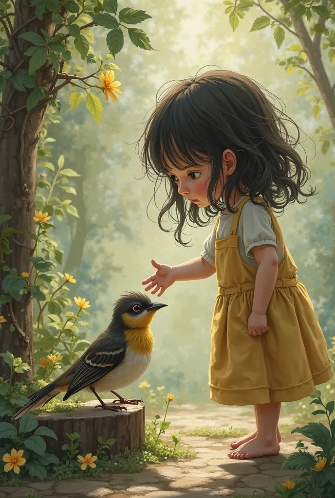 A very charming 6 year old girl, in the forest, squatting on the ground holding a wounded bird in both hands, the forest is full of trees, little girl with brown hair, with a pink hat, wearing a denim top, yellow dress, white socks, brown shoes. The illustration is a high-definition illustration in 4K resolution, a full-body photo with highly detailed facial features and cartoon-style visuals.