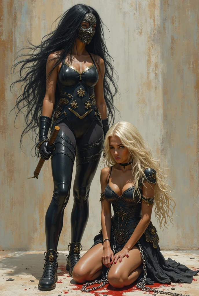 Represent the beauty and strength of two black twin sisters, with long curly white hair, black skin, full breasts and captivating smiles, wearing medieval light armor, displaying their determination and skill as medieval warriors, navel, beautiful detailed eyes, cinematic, designed by Greg Rutkowski, Yoji Shinkawa --auto --s2