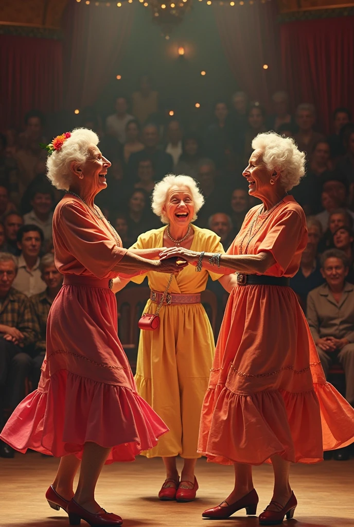 Three elderly ladies standing sideways doing the cancan pose