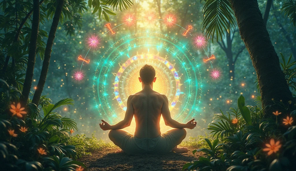 A mystical scene in a lush jungle at dawn. A glowing human figure sits ...