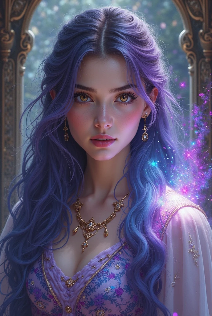 Daughter of Shiva  , Hindu woman with long purple hair , medium complexion , blue eyes and white complexion 