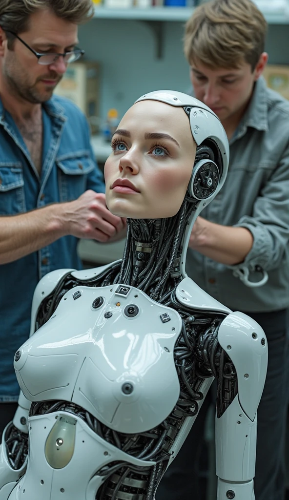 (Best Picture Quality, 4k, 8k, Hi-Res, Masterpiece:1.2), (Ultra-Detailed, Realistic, Graphic:1.37),(Top quality, real), (Three autonomous AI androids developed specifically for sex acts are on display at a corporate product exhibition: 1.3), All of them have beautiful faces of 18yo girls, Sex androids with realistic human characteristics, 1 of 3 Artificial skin has not yet been applied to the body except for the face. (NSFW:1.2)