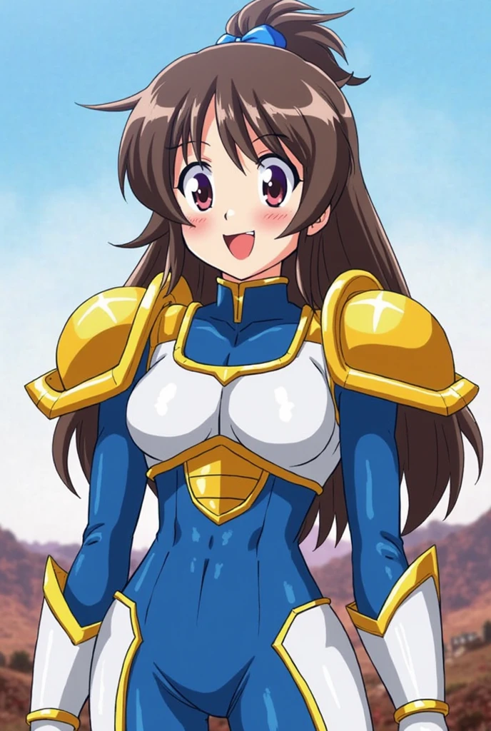 "(masterpiece:1.1), best quality,
1girl, (80s anime style:1.3), (eyelashes:1.5), (loli:1.2),
(intricate high detailed body:1.2),
brown hair,
(forehead, parted bangs, hairclip:1.1), (twintails, drill hair:1.1), (hair ribbon:1.2),
brown eyes, (thick eyebrows:1.1),
(taned, dark skin:1.3), (slim body:1.1), (gigantic breasts:1.3),
(grin:1.2), open mouth,
(silver embroidery leotard armor, cleavage cutout:1.2),
(knight armor, armored boots:1.2), (belts:1.1), (jewelry:1.1), crystal necklace,
standing, claw pose,
(upper body, cowboy shot, looking at viewer, from front:1.1),
(grassland, outdoors:1.1)"