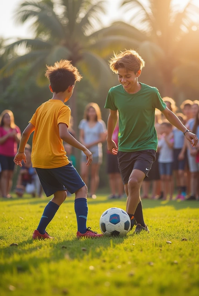 Two boys play football
